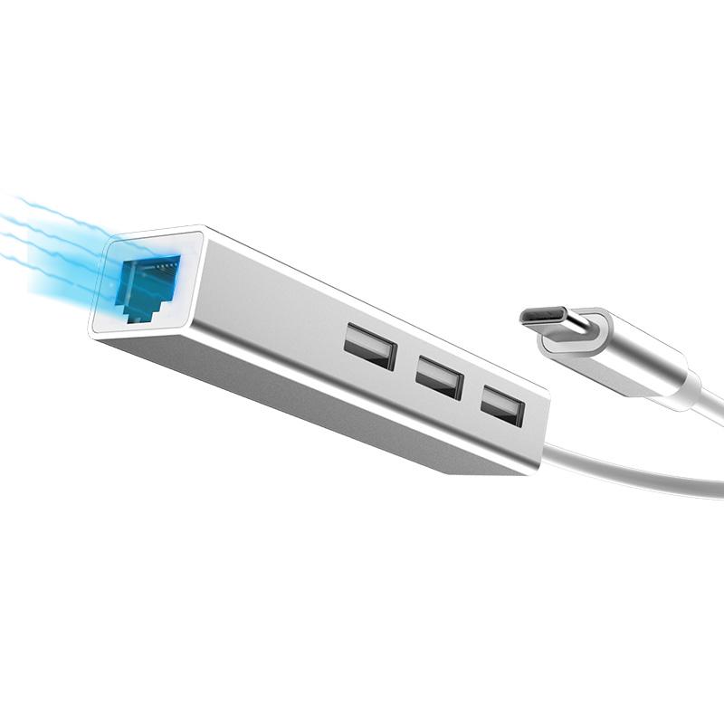 DM USB C to Ethernet  with Type C USB 2.0 HUB 3 Ports RJ45 Network Card Lan Adapter for Macbook USB-C Type