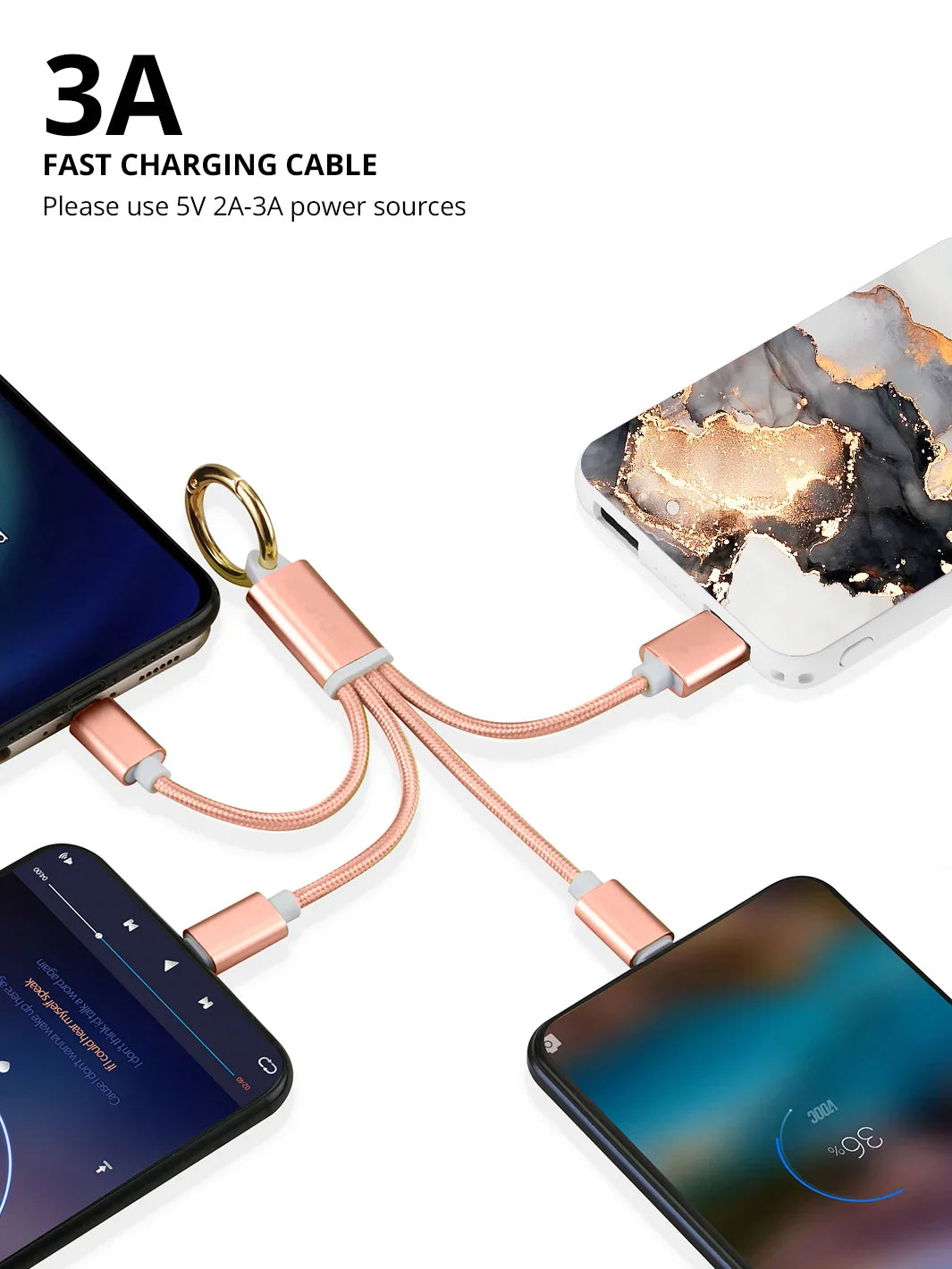 Rose Gold 3-in-1 Charging Cable Keychain