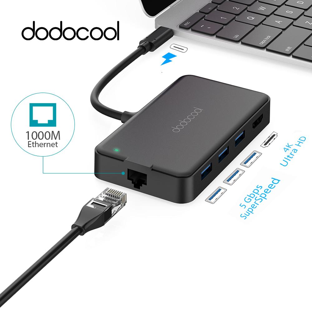 dodocool 6-in-1 USB Hub Multifunction USB-C Hub with Type-C PD 4K HD RJ45 Gigabit Ethernet USB 3.0  Splitter