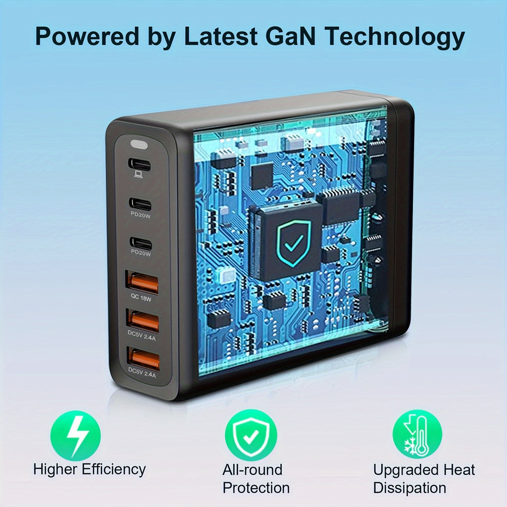 6-Port Compact PD Fast Charger - High-Speed Laptop Power Adapter with Foldable Design, 5Ft AC Extension Cord, and Multi-Device Compatibility for MacBook Pro/Air, iPad Pro, iPhone 14/13/12, Galaxy Note20, S22, Pixel, and More