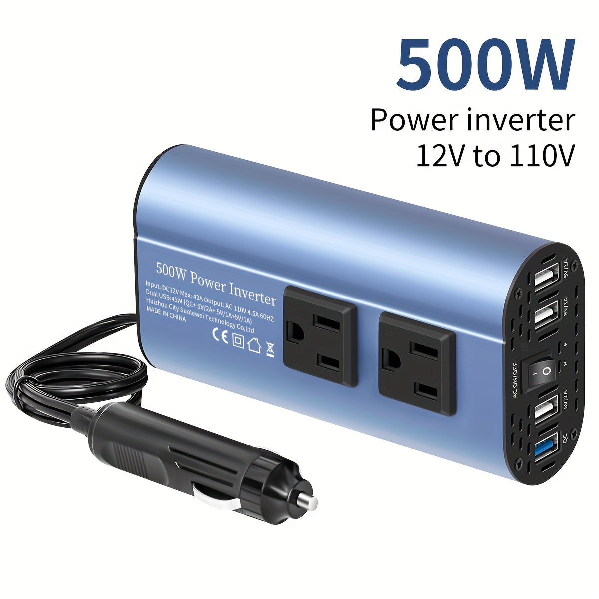 Car Power Inverter Converter - 500W Peak, DC 12V to AC 110V, LCD Display, Dual AC Outlets, 4 USB Car Chargers, Suitable for Cars, Homes, Laptops, Trucks, US Plug Car
