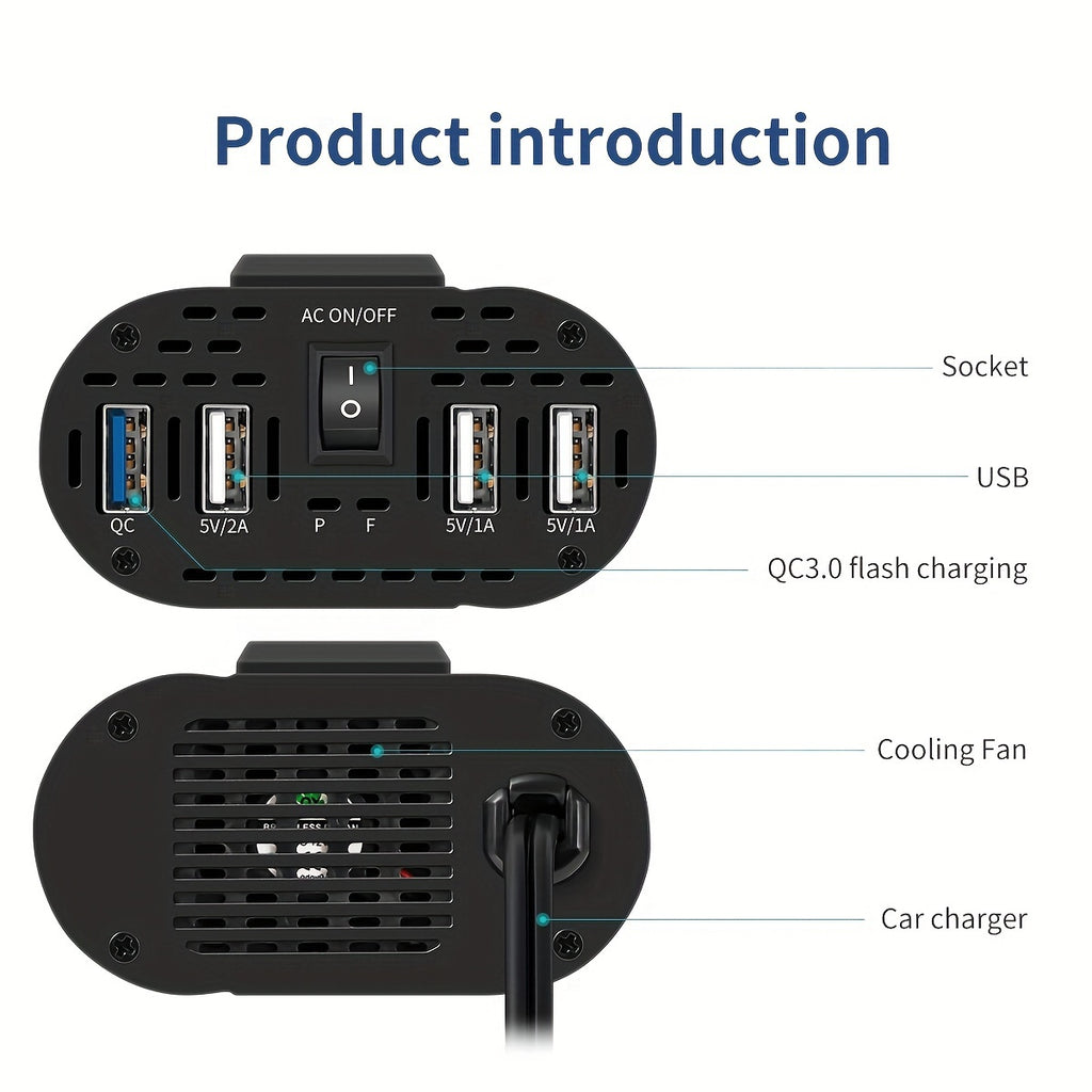 Car Power Inverter Converter - 500W Peak, DC 12V to AC 110V, LCD Display, Dual AC Outlets, 4 USB Car Chargers, Suitable for Cars, Homes, Laptops, Trucks, US Plug Car
