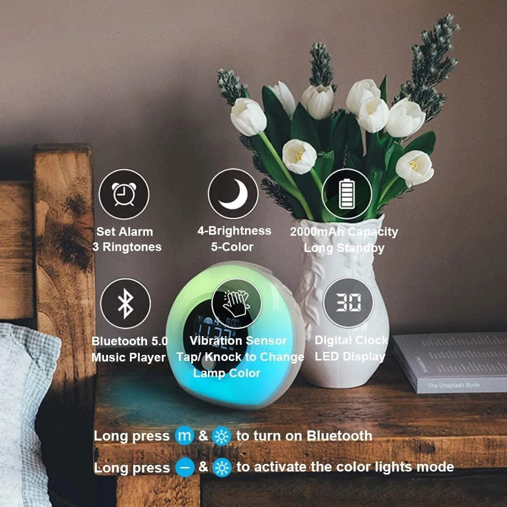 Vibe Geeks Wireless LED Night Lamp Alarm Clock and Bluetooth Speaker- USB Charging