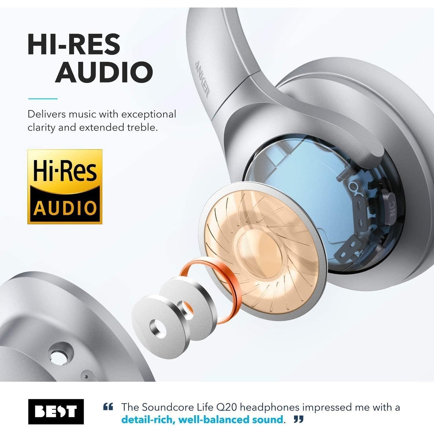 Refurbished- Soundcore by Anker Life Q20 Hybrid Active Noise Cancelling Headphones, Wireless Over-Ear Bluetooth Headphones with 40H Playtime, Hi-Res Audio, Deep Bass, Memory Foam Ear Cups and Headband