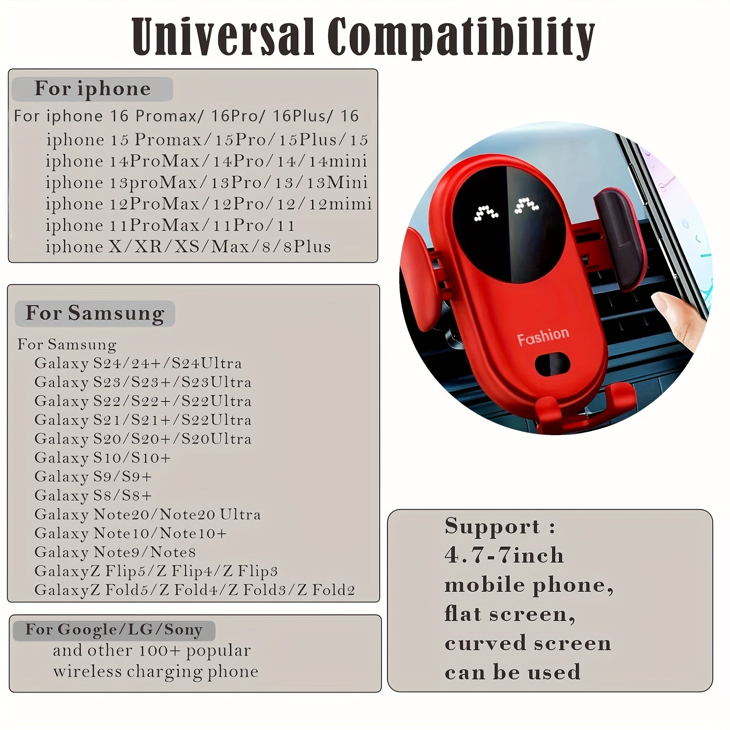Wireless Car Charger Car Phone Mount Holder Stand Air Vent Auto Clamping Fast Charging for iPhone 16 Pro Max/16/15/14/13/12/11/XS/X/8, for SamSung for Galaxy S24/S23/S22/Note 20 Ultra/Note 10/S10/S9/S8