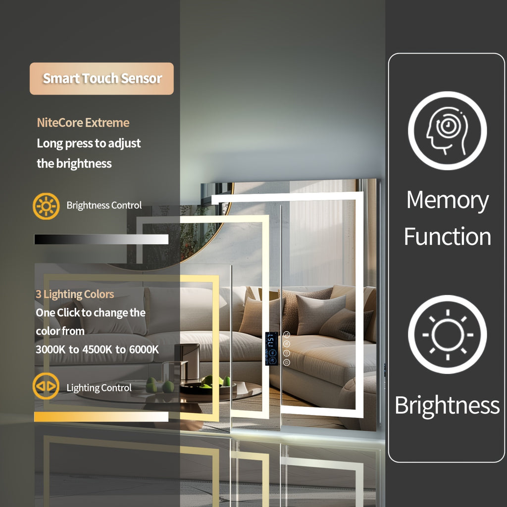 28" X 36" LED Lighted Bathroom Mirror Lighted Bathroom Music Mirror With Dual LED Light Strips Smart Wall Vanity Mirror, Front-lit, Dimming, Date And Time
