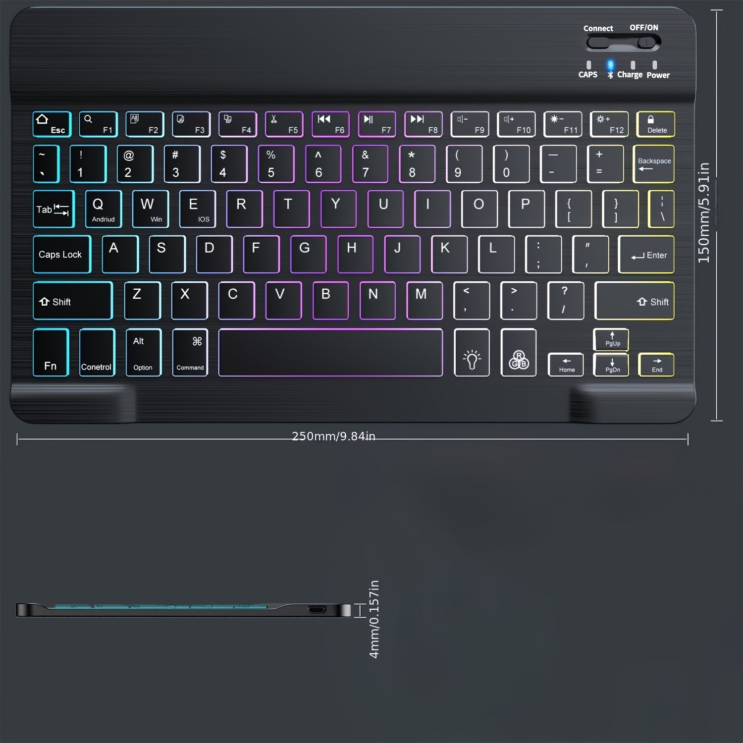 ELFO LARANJA Rainbow RGB Wireless Keyboard - Ergonomic, Rechargeable Wireless Keyboard for Tablets & Smartphones, Compatible with iOS 13+, for Android, Windows