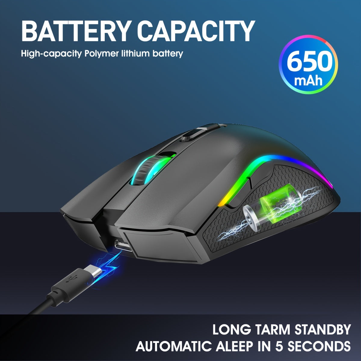 HXSJ RGB Wireless Mouse - 2.4G, Rechargeable with USB Plug & Play, Adjustable DPI up to 4800, Optical Sensor for Gaming and Office Use, Black/White