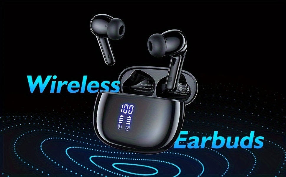 V5.3 Wireless Earbuds with Touch Control, Hi-Fi Stereo, ENC Noise Cancelling Mic, LED Power Display, and Charging Case for Sports Workout