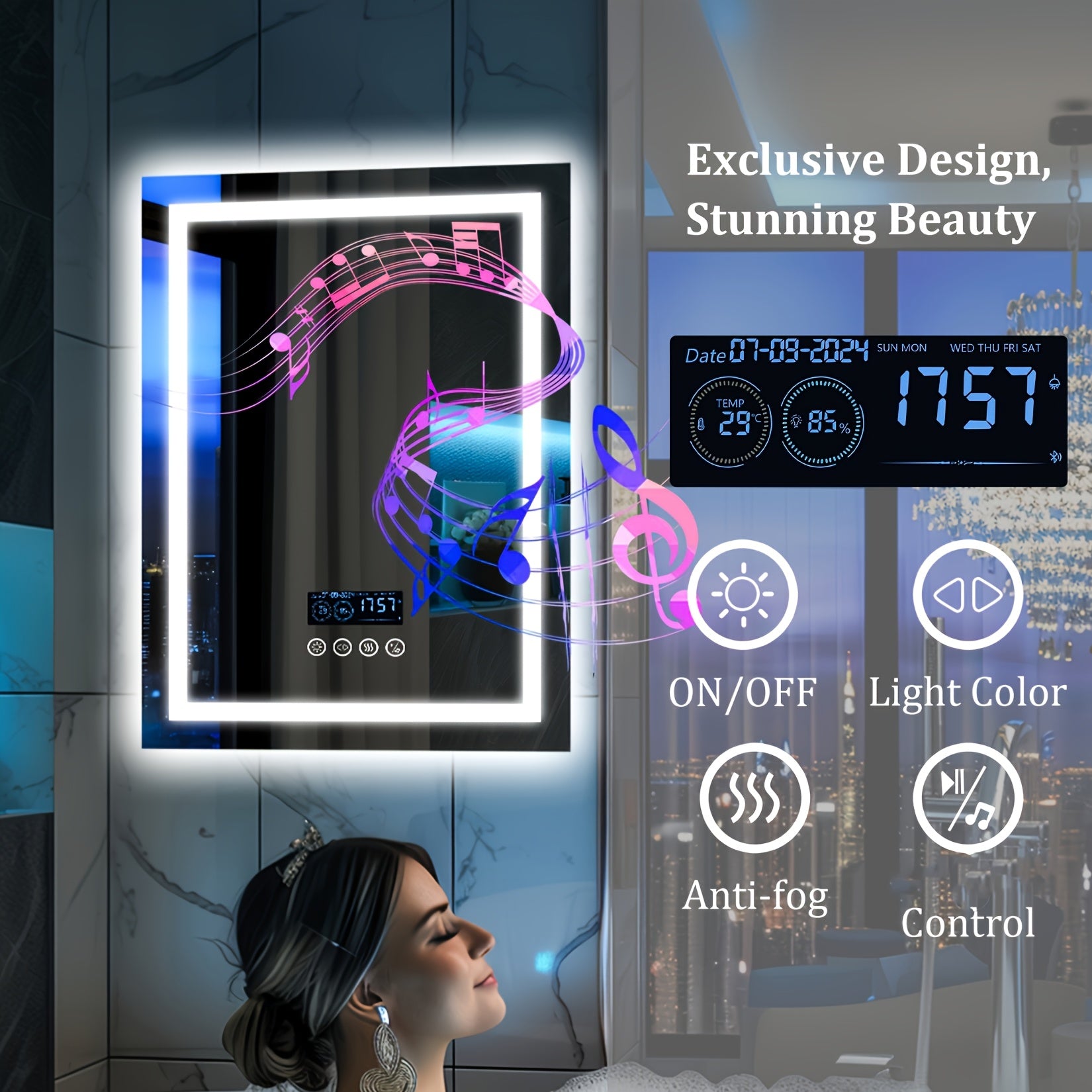 28" X 36" LED Lighted Bathroom Mirror Lighted Bathroom Music Mirror With Dual LED Light Strips Smart Wall Vanity Mirror, Front-lit, Dimming, Date And Time