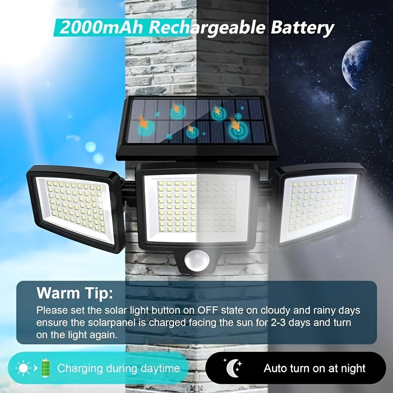 1/2/3pcs Solar Outdoor Lights, 2500 Lumens 210 LED Safety Lights, Waterproof, with Remote Control, 3-head Motion Sensor Lights, 270° Wide Angle Flood Wall Lights, 3 Modes, Suitable for Courtyard, Fence, Porch, Garage