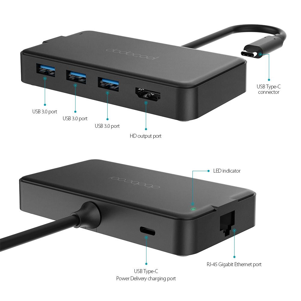 dodocool 6-in-1 USB Hub Multifunction USB-C Hub with Type-C PD 4K HD RJ45 Gigabit Ethernet USB 3.0  Splitter