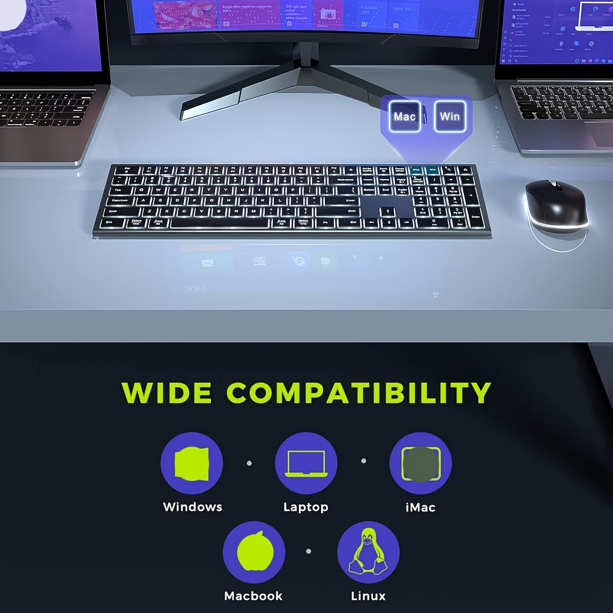 Rechargeable Backlit Wireless Keyboard and Mouse Set, Full Size, Silent Click, USB-C & 2.4G Compatible with Mac OS, Windows 7/8/10, Ideal for MacBook Air/Pro, Laptops - Includes Type-C Cable, Wireless Mouse for Laptop