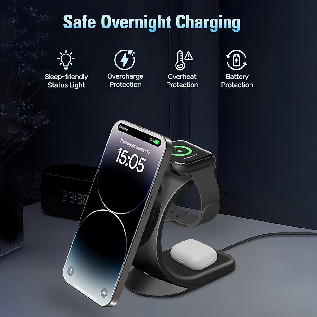 Triple Mode Magnetic Wireless Charger Stand - Wireless Chargers - 3-in-1 Fast Charging Solution for iPhone 16, 15, 14, 13, 12 Pro Max/Pro/Mini/Plus, iWatch SE/8/7/6/5/4/3/2, and AirPods with Compact Design and Safe Charging