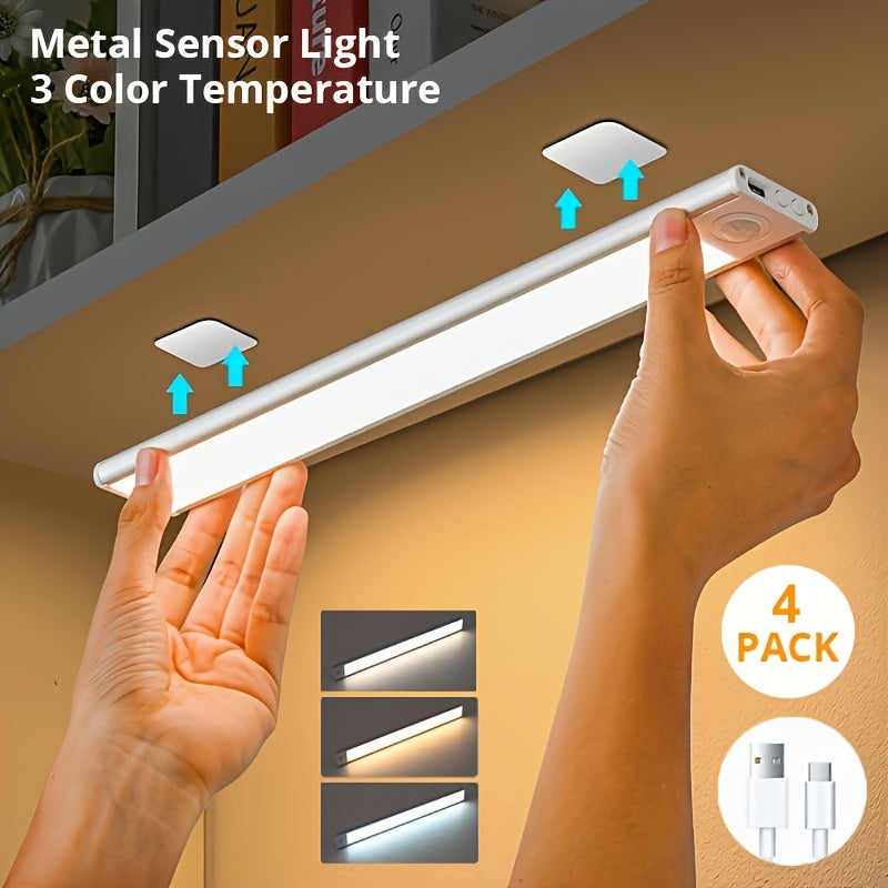 [LED Motion Sensor Lights] 2/4pcs LED Motion Sensor Under Cabinet Lights - 3 Color Temperatures Wireless USB Rechargeable Night Light - Indoor Closet Lights, Stick-On Anywhere Magnetic Under-Counter Light Fixtures