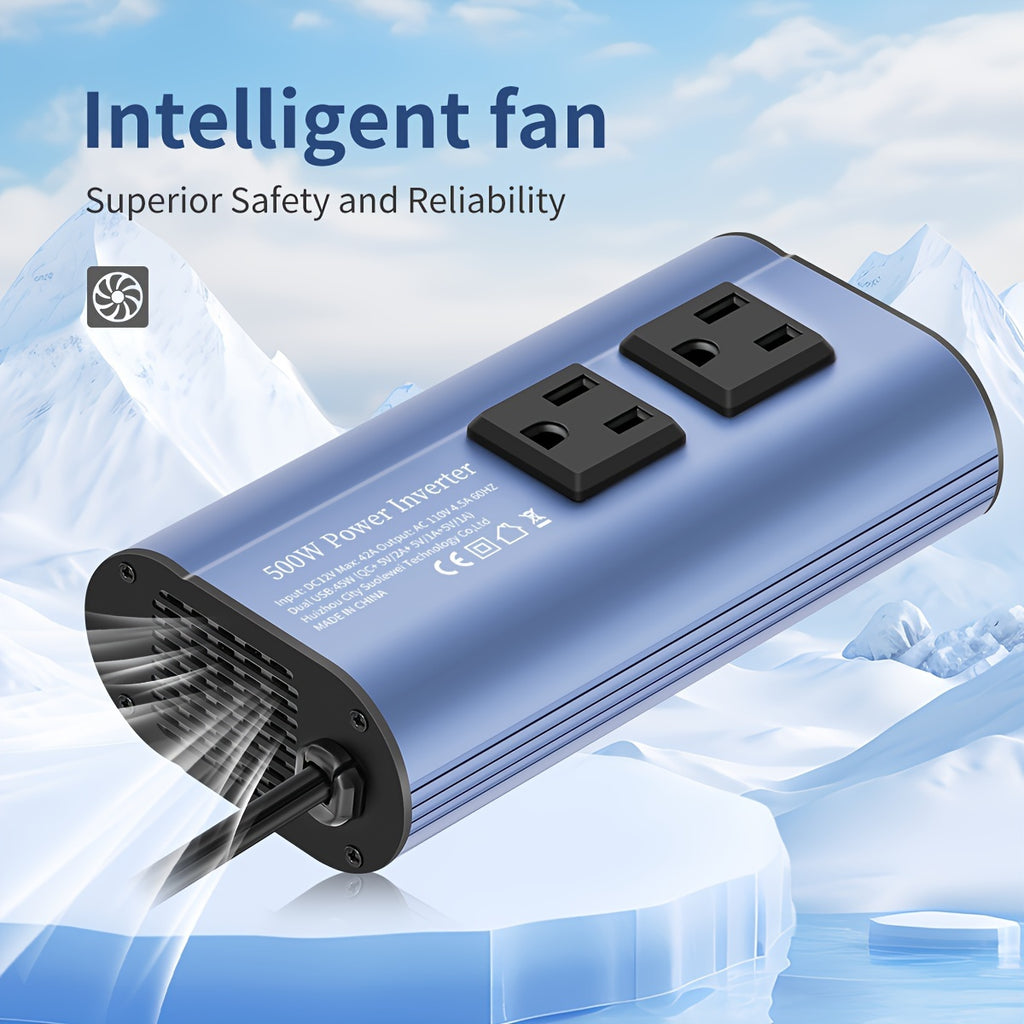 Car Power Inverter Converter - 500W Peak, DC 12V to AC 110V, LCD Display, Dual AC Outlets, 4 USB Car Chargers, Suitable for Cars, Homes, Laptops, Trucks, US Plug Car