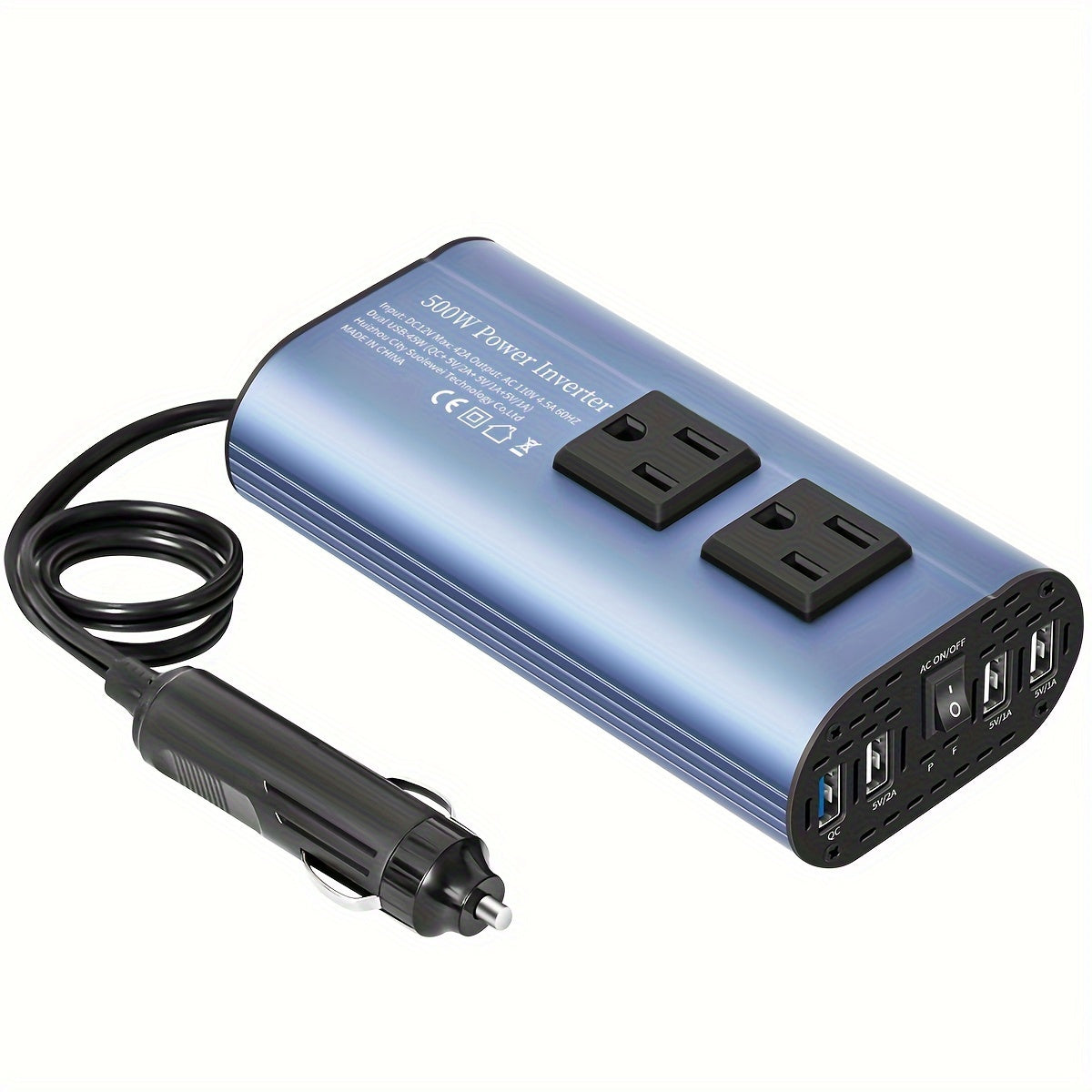 Car Power Inverter Converter - 500W Peak, DC 12V to AC 110V, LCD Display, Dual AC Outlets, 4 USB Car Chargers, Suitable for Cars, Homes, Laptops, Trucks, US Plug Car