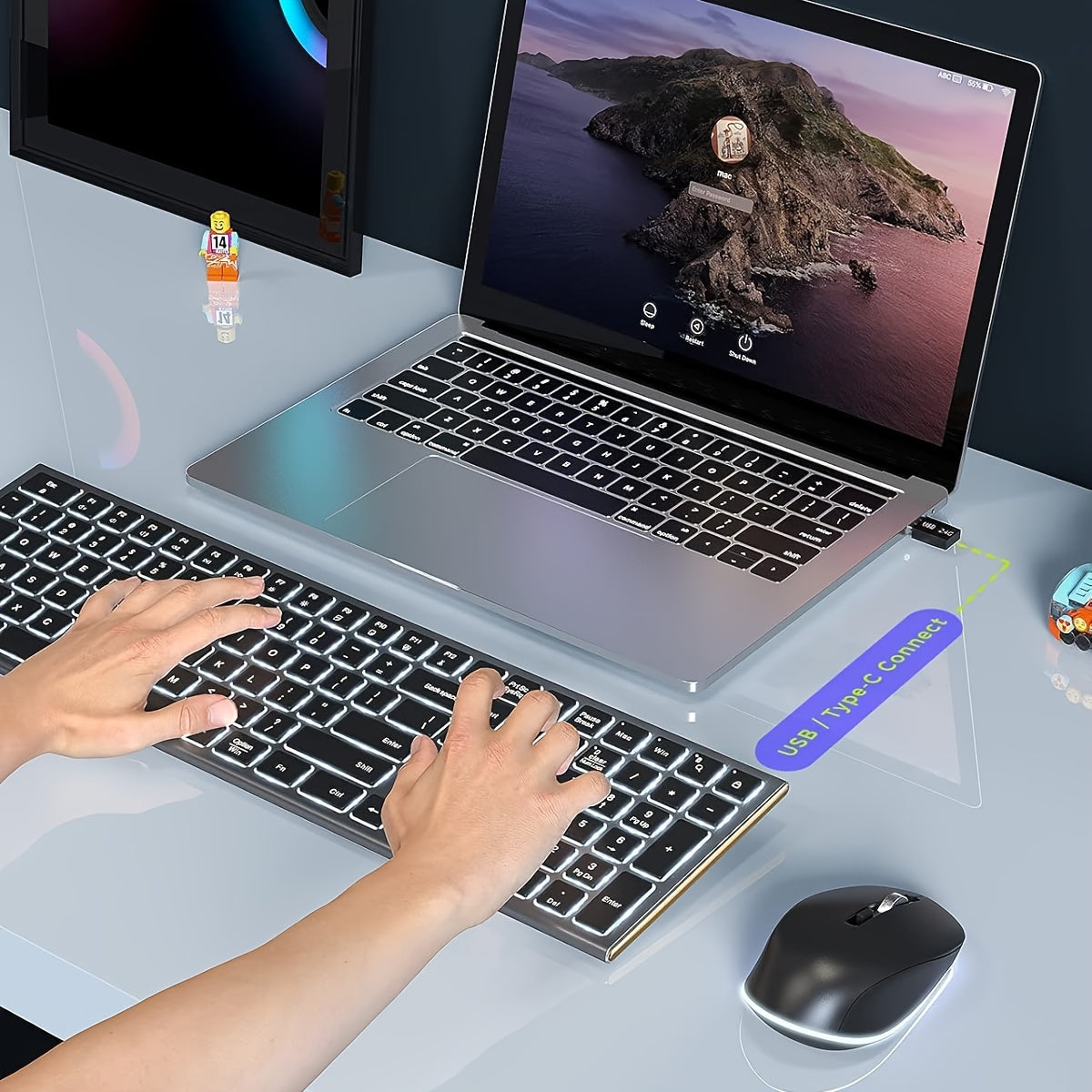 Rechargeable Backlit Wireless Keyboard and Mouse Set, Full Size, Silent Click, USB-C & 2.4G Compatible with Mac OS, Windows 7/8/10, Ideal for MacBook Air/Pro, Laptops - Includes Type-C Cable, Wireless Mouse for Laptop