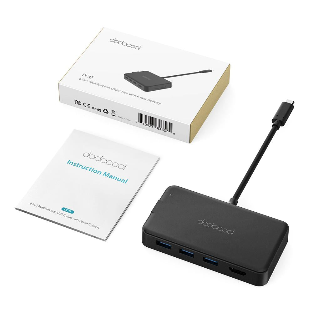 dodocool 6-in-1 USB Hub Multifunction USB-C Hub with Type-C PD 4K HD RJ45 Gigabit Ethernet USB 3.0  Splitter