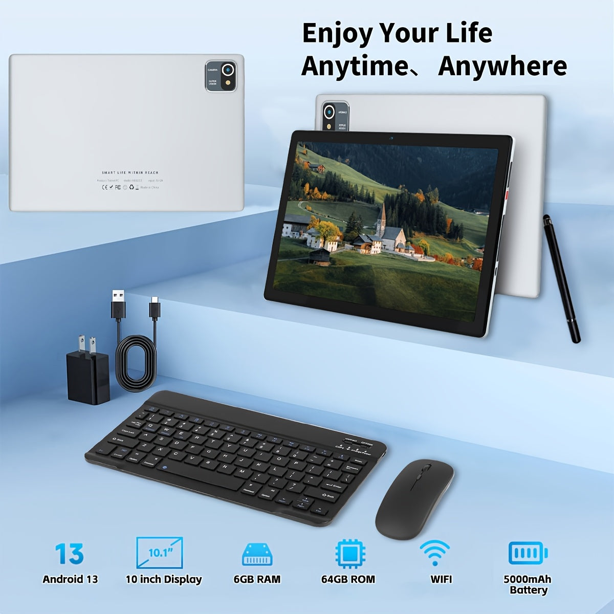 AEEZO 10.1-inch Quad-Core/Octa-Core Tablet, 64GB ROM, 6GB/12GB RAM, Android 13/14, 5000mAh Battery, 800x1280. Options: Tablet Only: Tablet + Wireless Keyboard + Mouse + Stylus Without Electricity+ Headphones + Foldable Case;