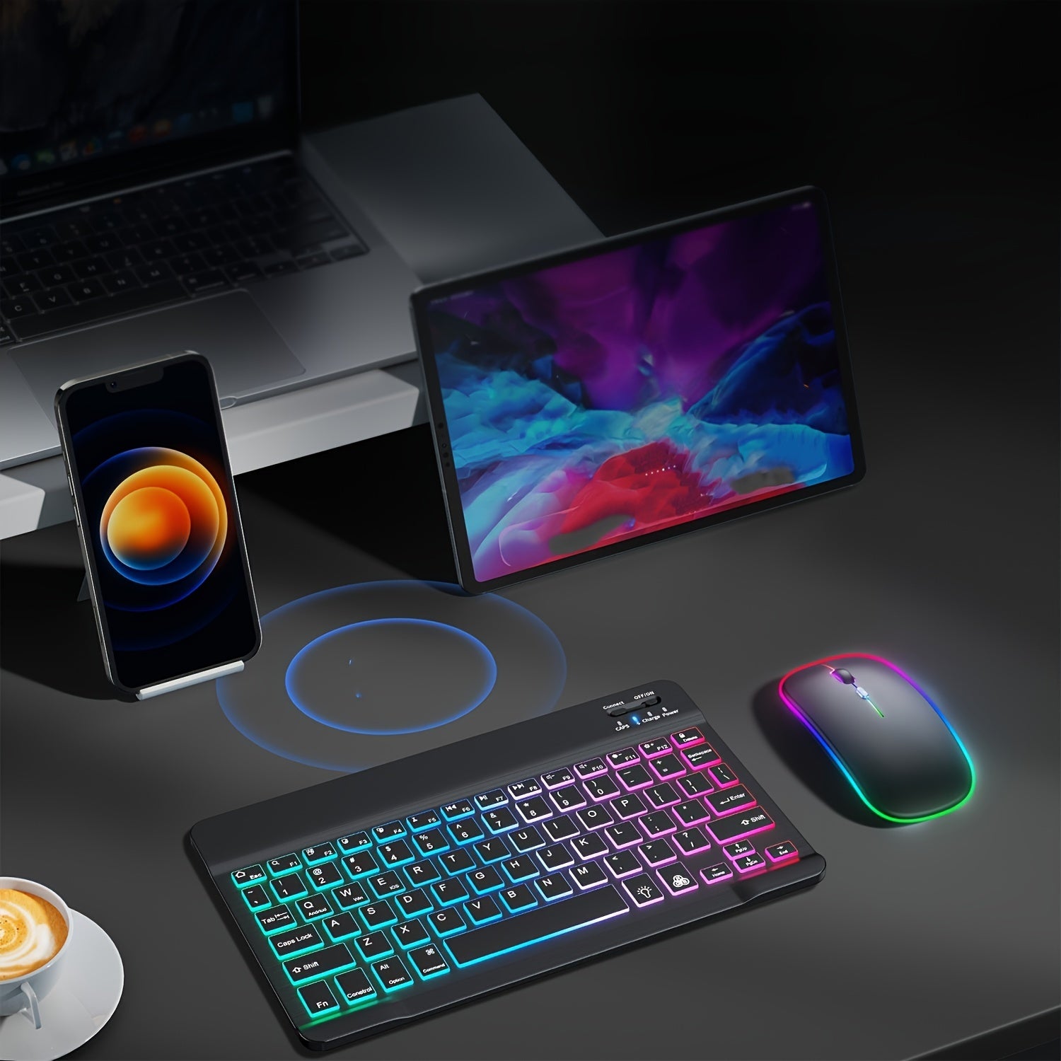 ELFO LARANJA Rainbow RGB Wireless Keyboard - Ergonomic, Rechargeable Wireless Keyboard for Tablets & Smartphones, Compatible with iOS 13+, for Android, Windows