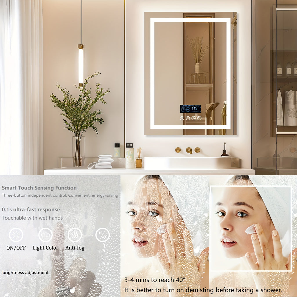 28" X 36" LED Lighted Bathroom Mirror Lighted Bathroom Music Mirror With Dual LED Light Strips Smart Wall Vanity Mirror, Front-lit, Dimming, Date And Time