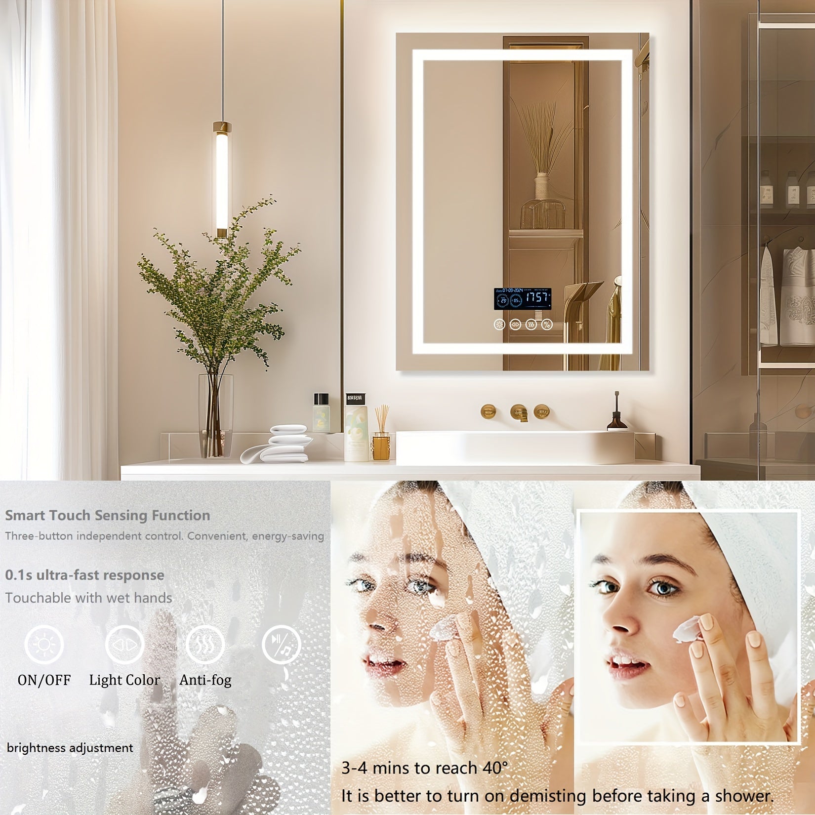 28" X 36" LED Lighted Bathroom Mirror Lighted Bathroom Music Mirror With Dual LED Light Strips Smart Wall Vanity Mirror, Front-lit, Dimming, Date And Time