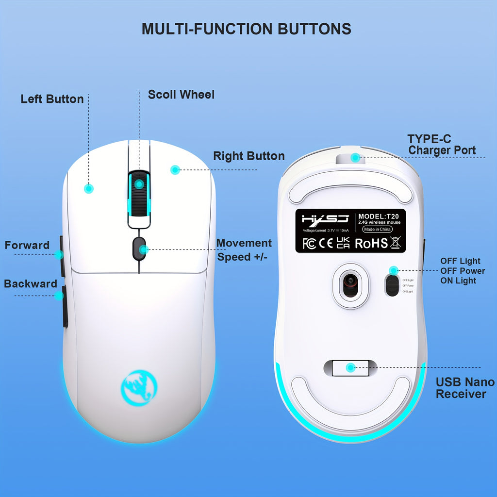 "Ultra-Responsive" Hxsj-T20 Wireless Mouse With Rechargeable 650Mah Battery - Optical, Animal Print Design For pcs, Laptop & Mac Gaming And Office Use