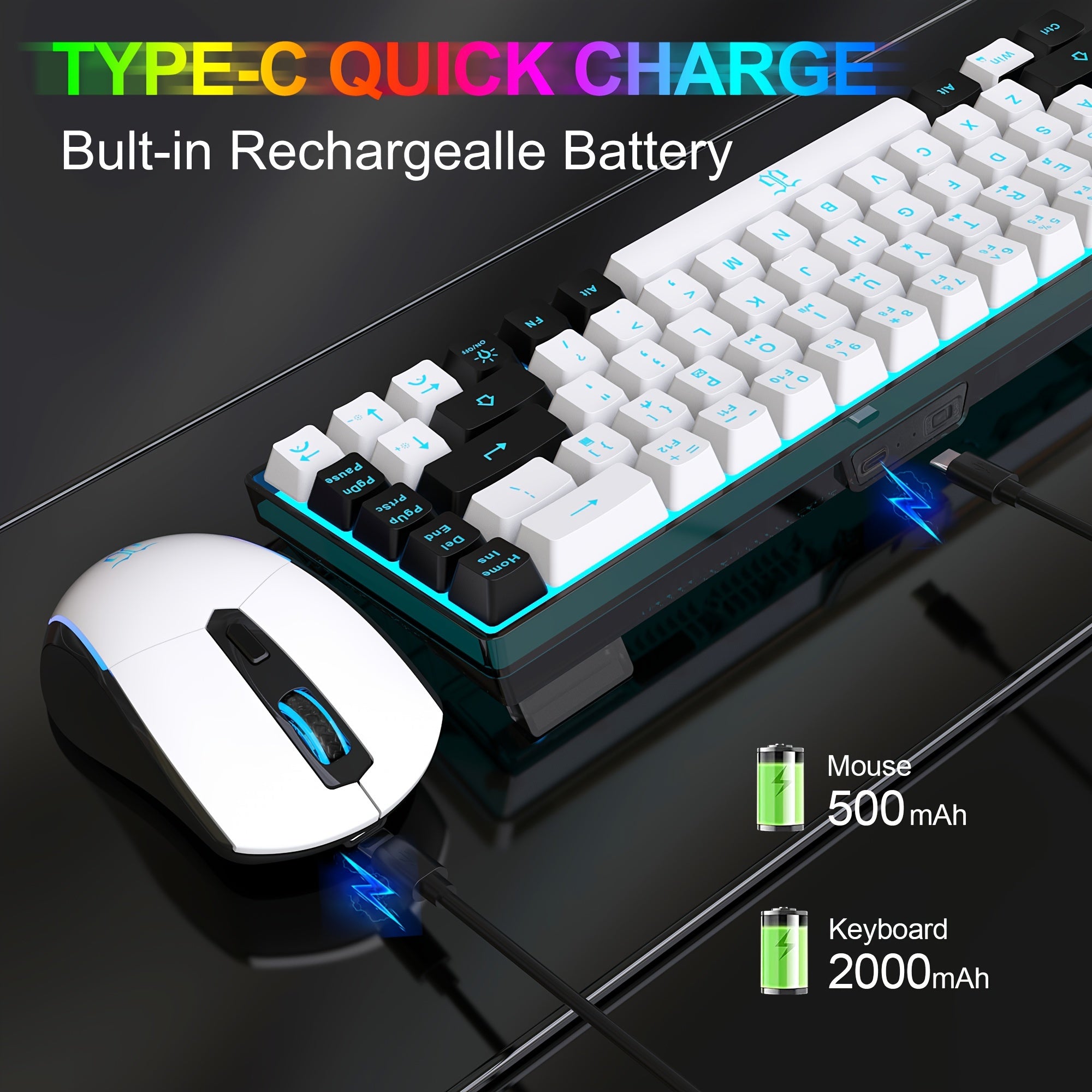 Snpurdiri 60% Wireless Gaming Keyboard and Mouse Combo, Ice Blue Backlit, Rechargeable 2000mAh Battery, Compact Anti-Ghosting Design, Includes RGB Mice for PC & Laptop - White & Black, Gaming Accessories | Compact Keyboard La