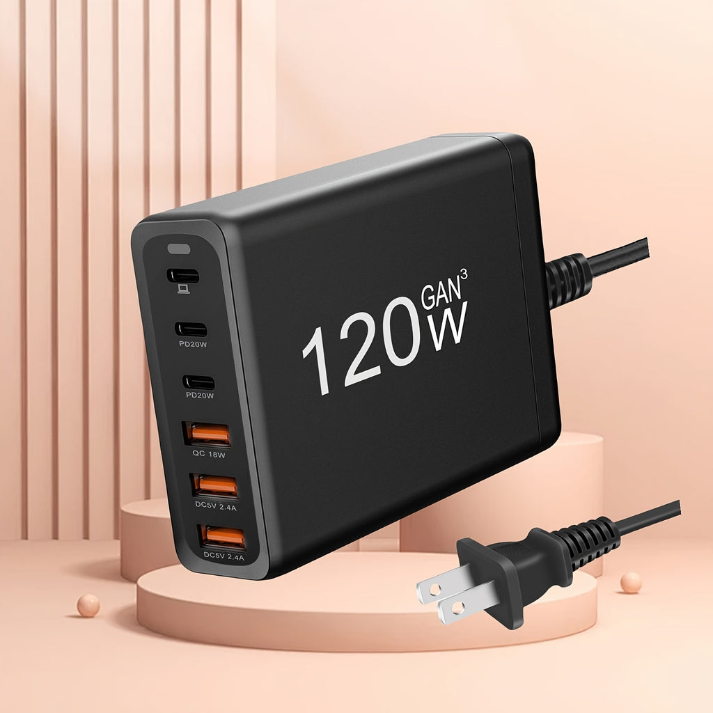 6-Port Compact PD Fast Charger - High-Speed Laptop Power Adapter with Foldable Design, 5Ft AC Extension Cord, and Multi-Device Compatibility for MacBook Pro/Air, iPad Pro, iPhone 14/13/12, Galaxy Note20, S22, Pixel, and More
