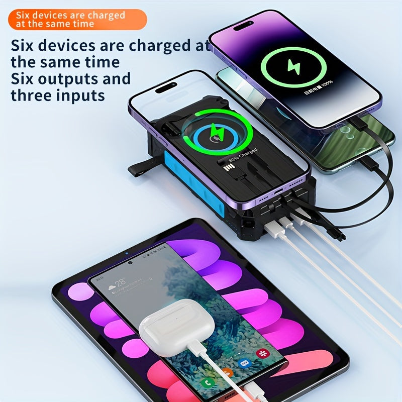 30000mAh Solar Power Bank - Portable Power Banks with 7 Outputs, 4 Inputs, 15W Fast Charging, Wireless Charger, Hand Crank, 3 Cables, SOS/Strobe/Strong Flashlights, and Emergency Power Source