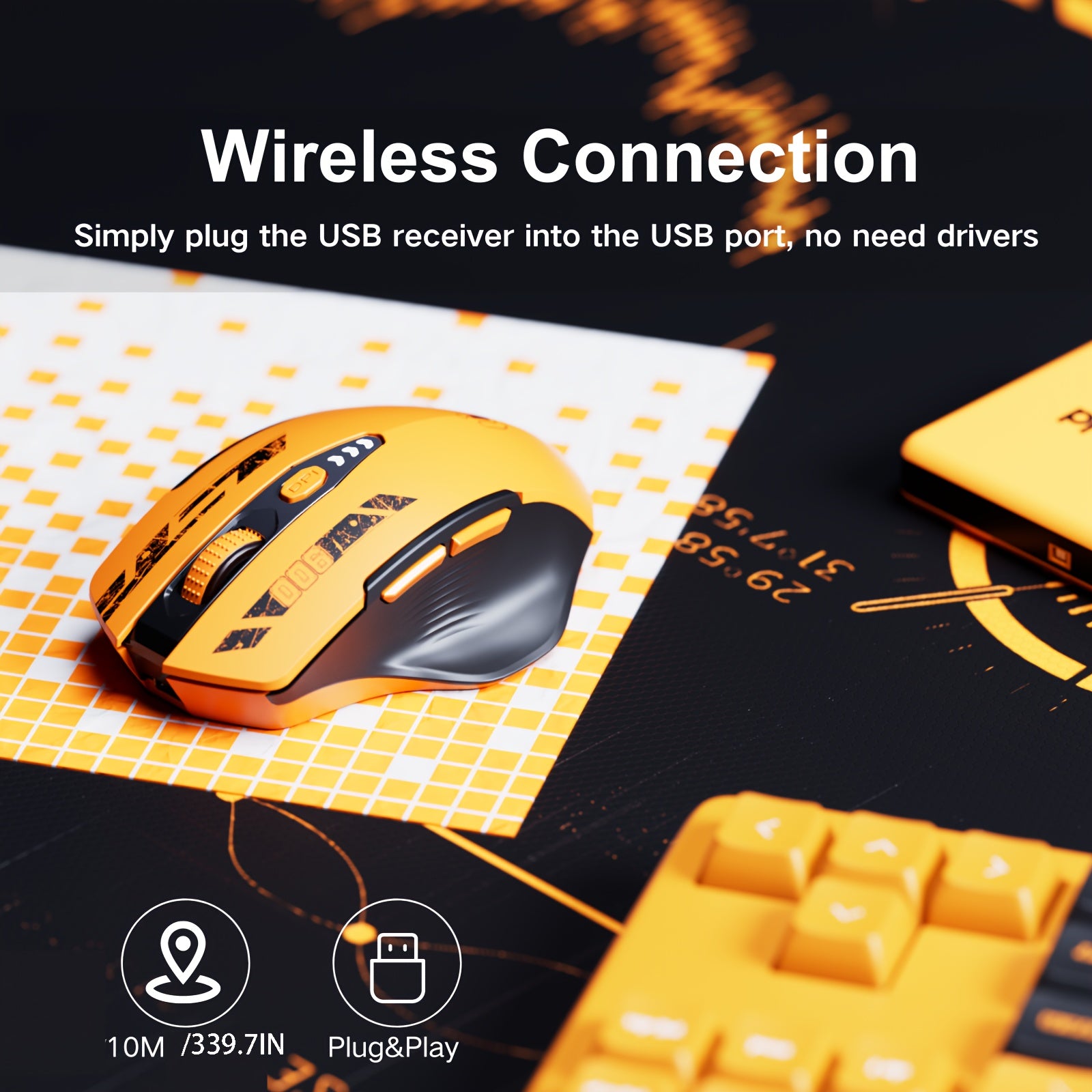 2.4G Wireless Optical Mouse with Rechargeable Battery, 4 DPI Levels, Visible Battery Display, USB Compatible for Laptop and PC - Yellow, Wireless Mouse for Laptop, Upgraded, Computer