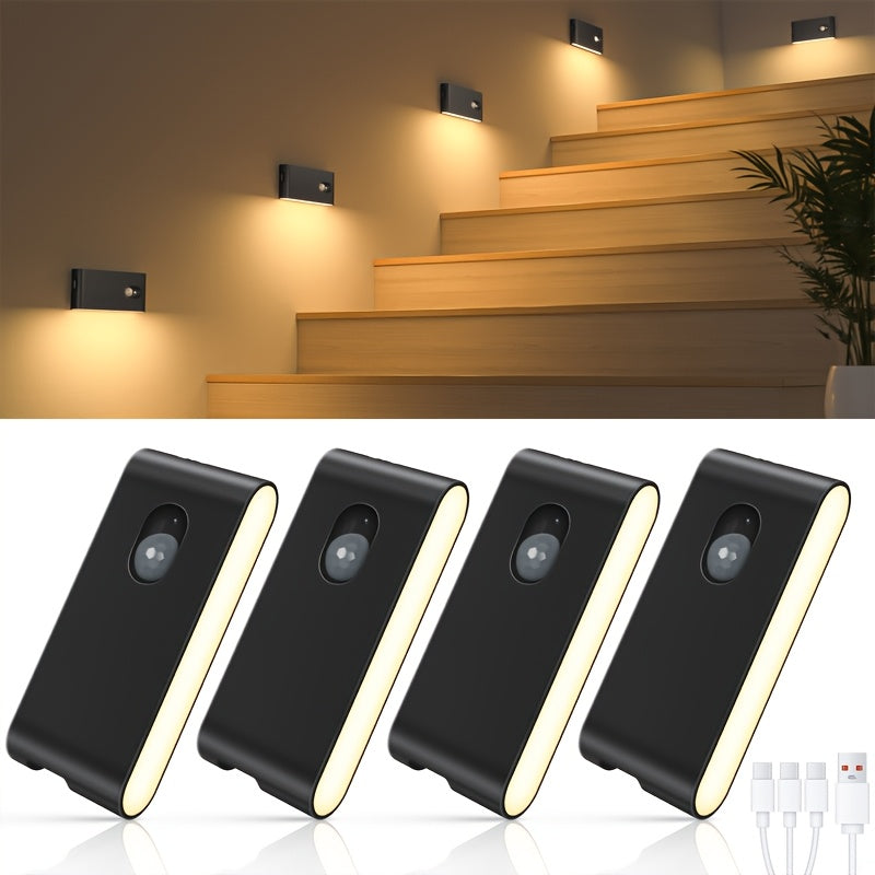 4/8pcs Motion Sensor Lights Indoor, Rechargeable Night Light Stick on Wall, 2700K & Type-C USB Rechargeable Stair Lights, Magnetic Lights for Wardrobe, Bathroom, Closet, Hallway, Toilet