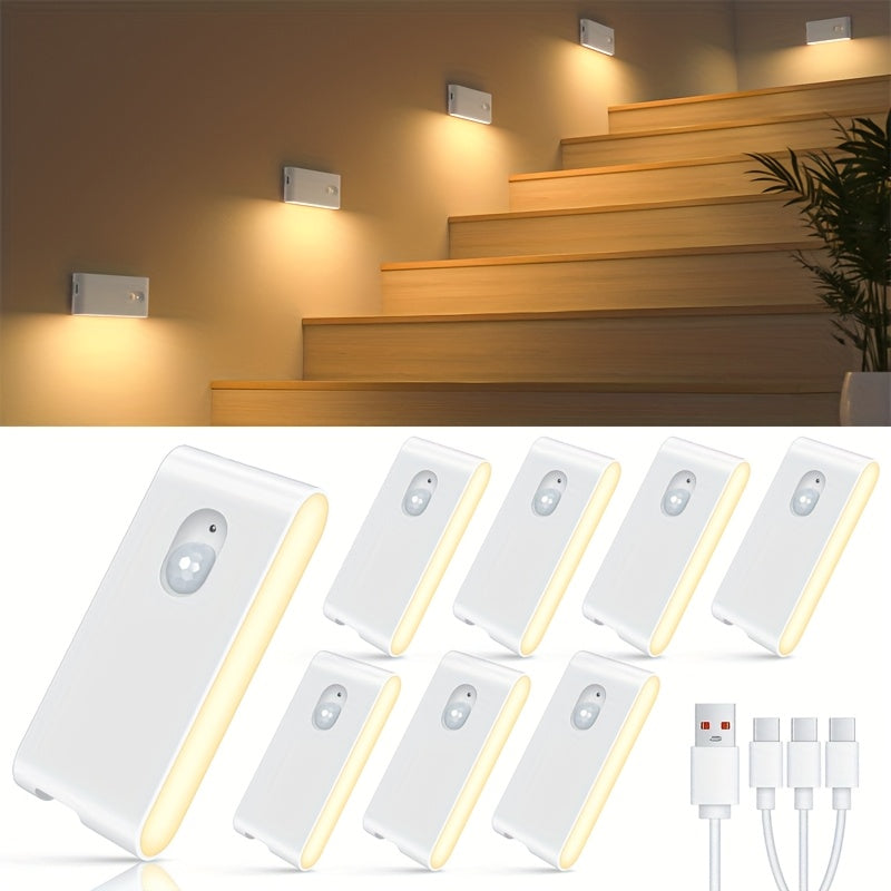 4/8pcs Motion Sensor Lights Indoor, Rechargeable Night Light Stick on Wall, 2700K & Type-C USB Rechargeable Stair Lights, Magnetic Lights for Wardrobe, Bathroom, Closet, Hallway, Toilet