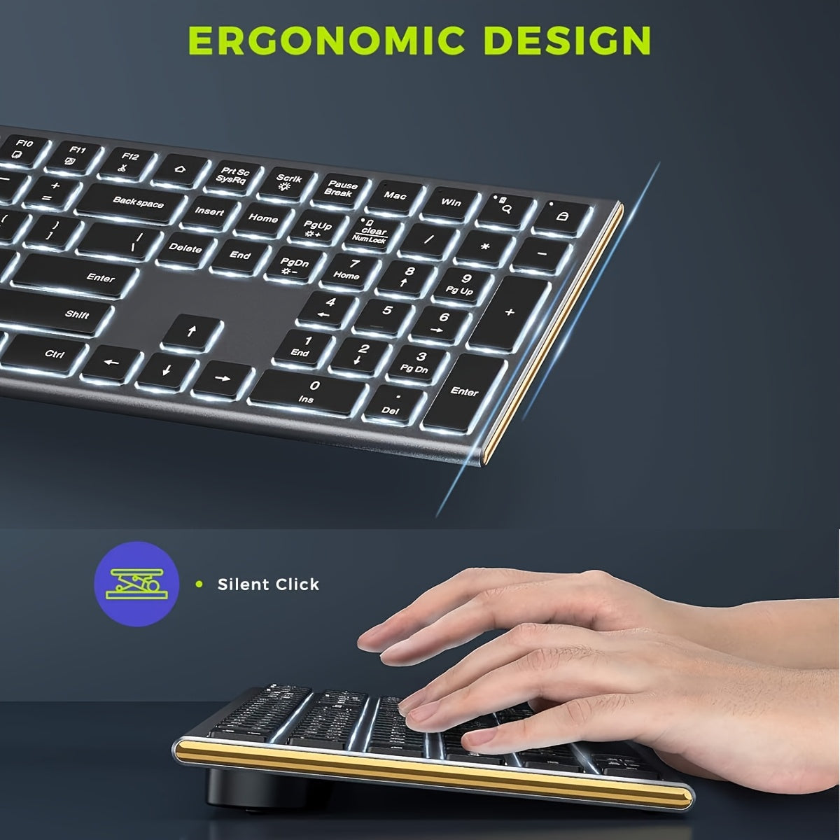 Rechargeable Backlit Wireless Keyboard and Mouse Set, Full Size, Silent Click, USB-C & 2.4G Compatible with Mac OS, Windows 7/8/10, Ideal for MacBook Air/Pro, Laptops - Includes Type-C Cable, Wireless Mouse for Laptop