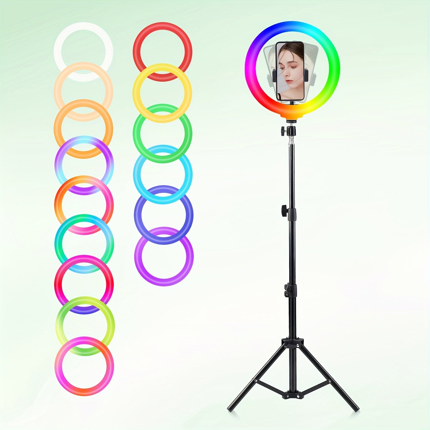 10" Ring Light and Adjustable Stand With 2 Phone Holders - 38 Vibrant Color Modes with Stepless Dimming/Speed Control - Perfect for Makeup, Photography, and Live Streams