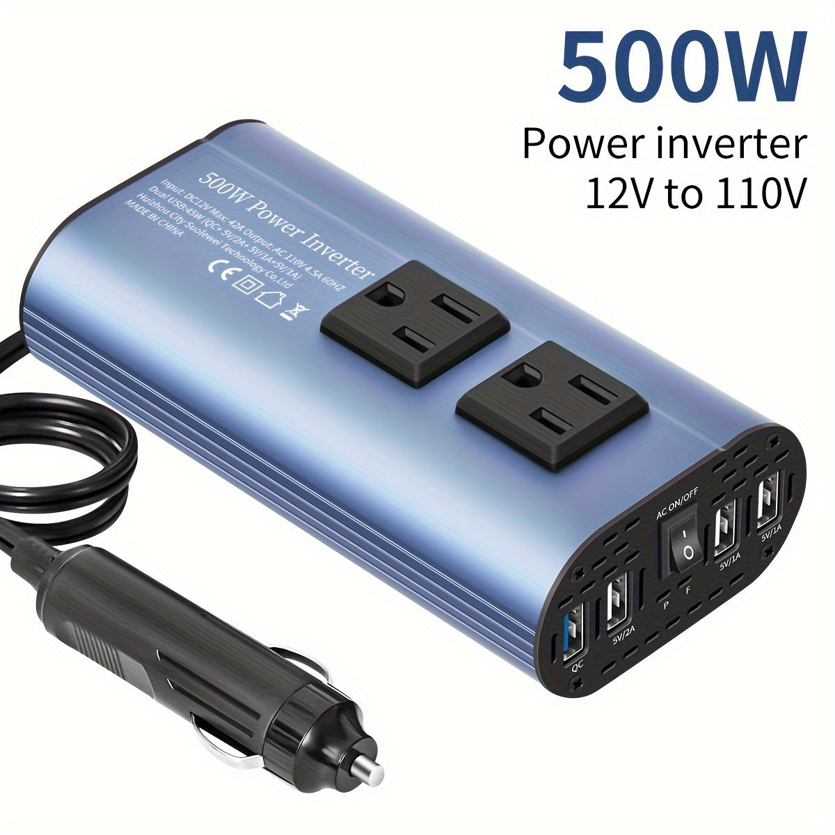 Car Power Inverter Converter - 500W Peak, DC 12V to AC 110V, LCD Display, Dual AC Outlets, 4 USB Car Chargers, Suitable for Cars, Homes, Laptops, Trucks, US Plug Car