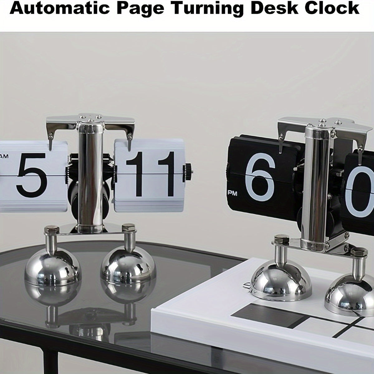 1pc Automatic Page Turning Clock Desk Stainless Steel Flip Digital Clocks Vintage Living Room Home Decor Retro Table Quartz Clocks