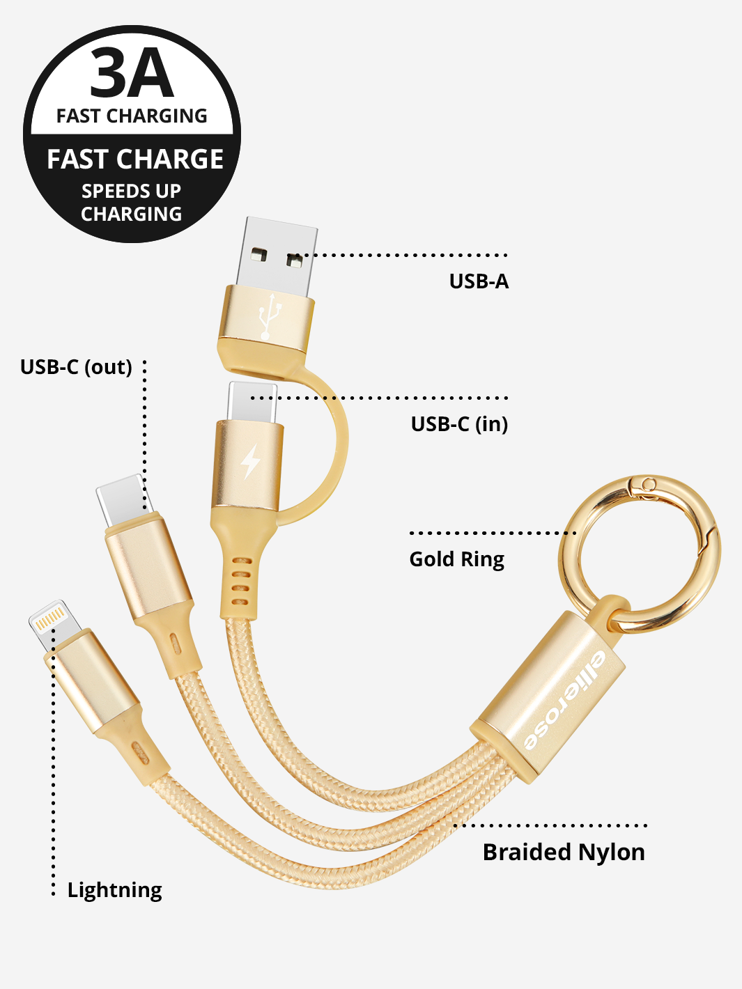Gold 4-in-1 Charging Cable Keychain