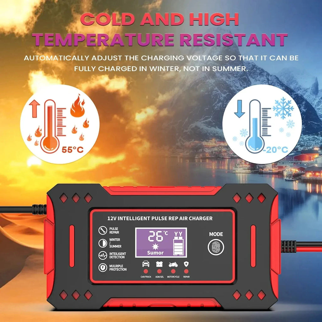 Smart Car Battery Charger 12V, EU Plug Motorcycle Battery Maintainer with LCD Display for Lead-Acid Repair