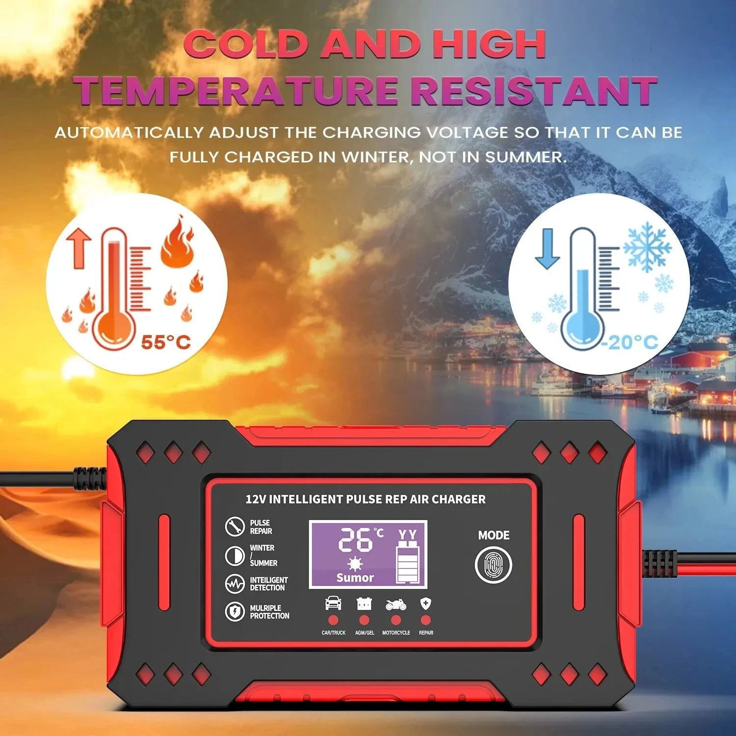 Smart Car Battery Charger 12V, EU Plug Motorcycle Battery Maintainer with LCD Display for Lead-Acid Repair