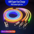 6A Super Fast Charging Colorful Light Data Cable A Drag Three RGB Breathing Gradient Car Charging Cable USB 3 In 1 Universal