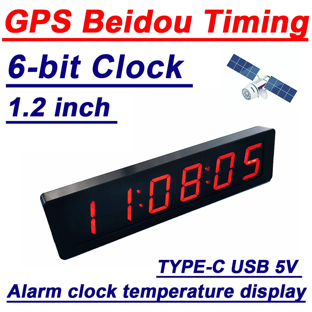 1.2" 6-bit Clock LED Digital Electronic Clock W Second Display TIME Alarm Clock Temperature GPS Beidou Automatic timing Typc-C