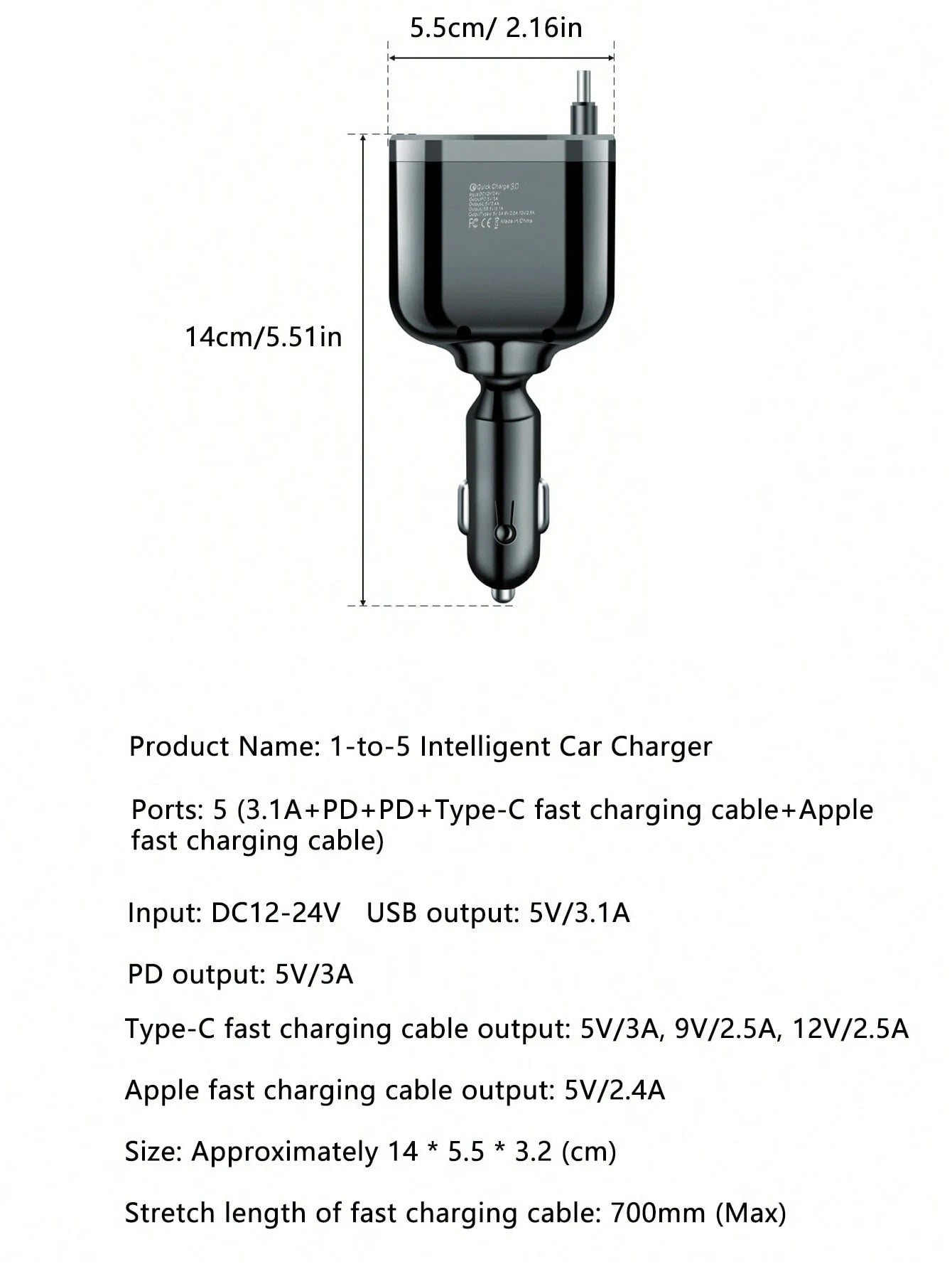 One-to-five car charger with retractable cable, built-in retractable cable PD car fast charging super fast charging flash chargi
