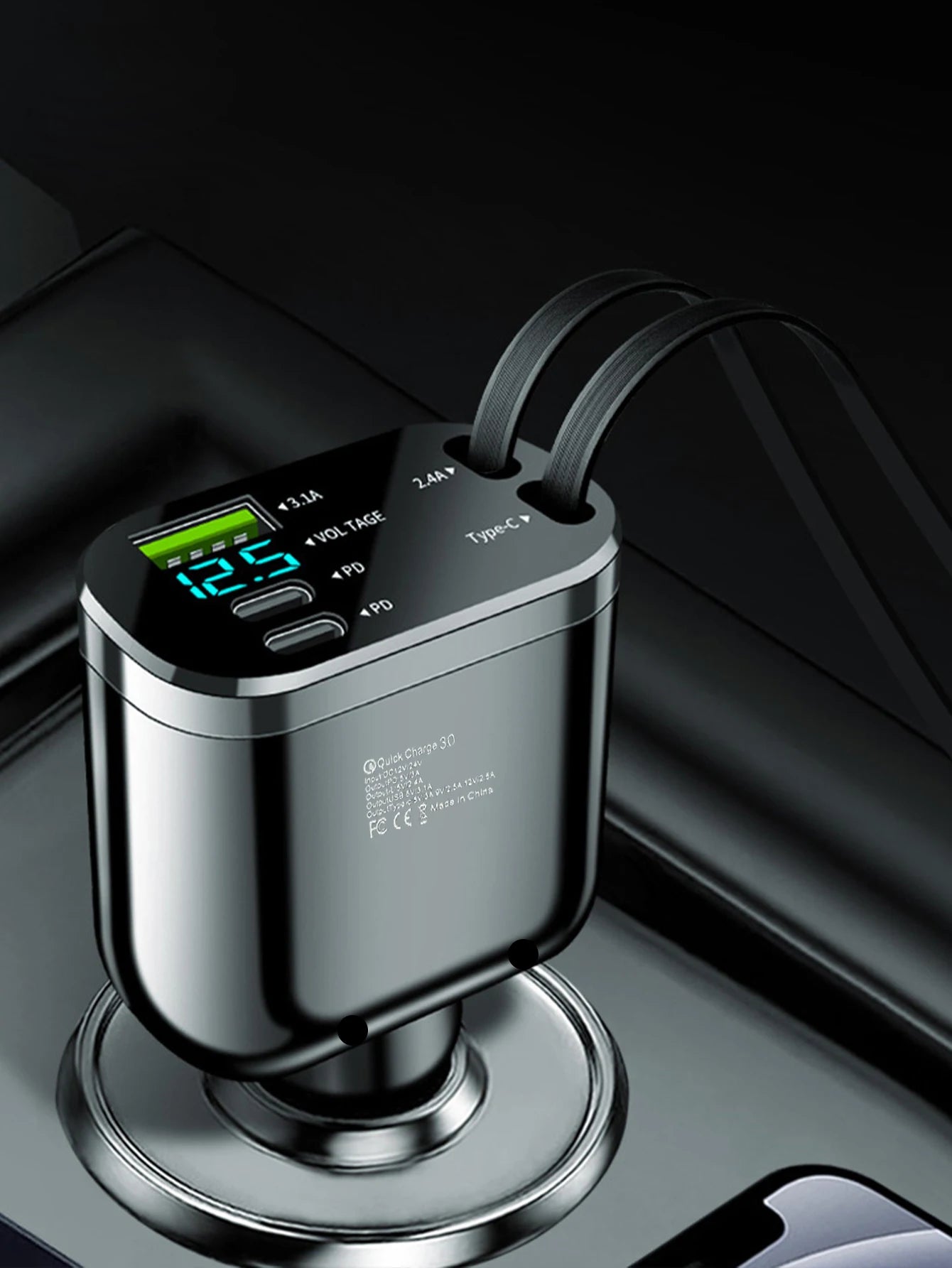 One-to-five car charger with retractable cable, built-in retractable cable PD car fast charging super fast charging flash chargi