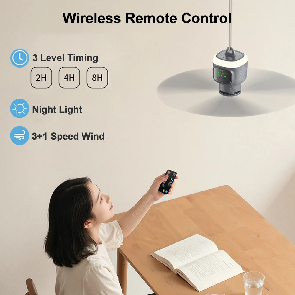 12000mAh Portable Ceiling Fans Outdoor Camping Fan Tent Air Circulator Cooler Rechargeable Electric Fan Remote Control LED Light