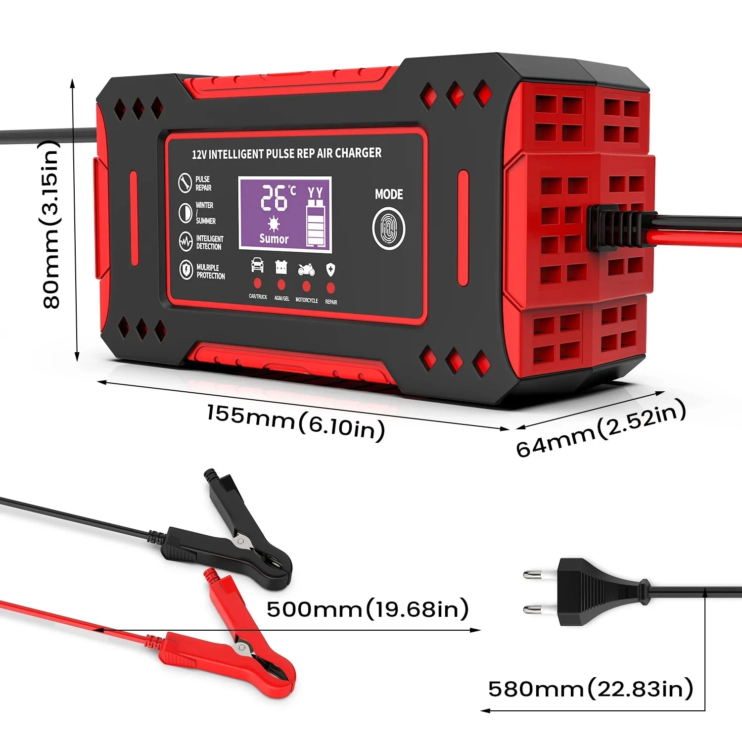 Smart Car Battery Charger 12V, EU Plug Motorcycle Battery Maintainer with LCD Display for Lead-Acid Repair