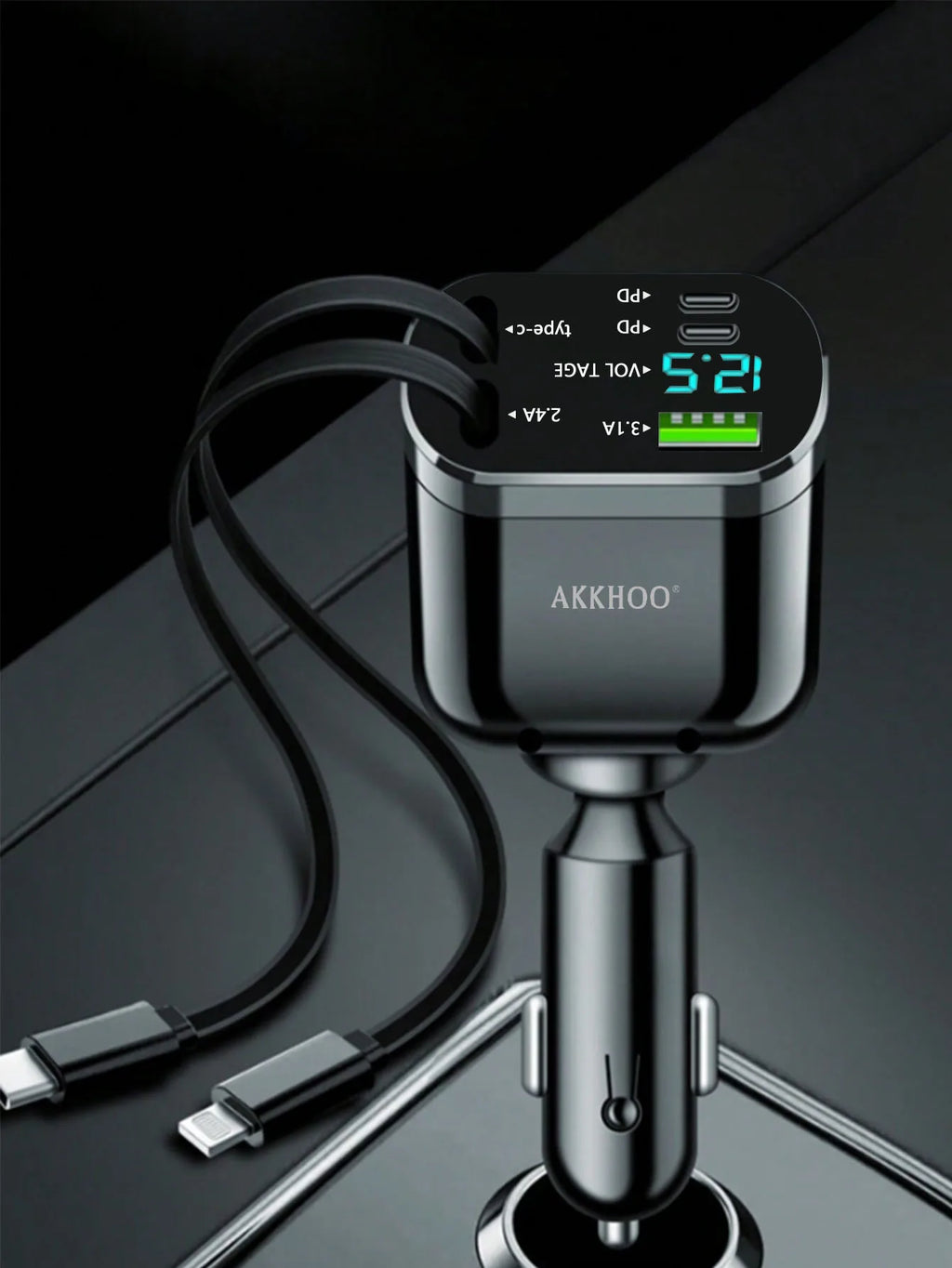 One-to-five car charger with retractable cable, built-in retractable cable PD car fast charging super fast charging flash chargi