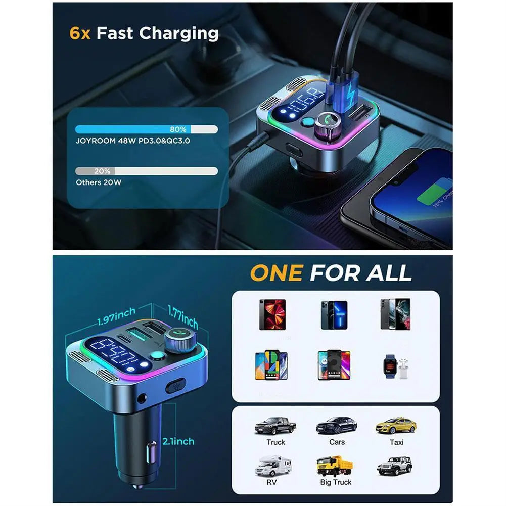 2024 Bluetooth 5.3 FM Transmitter for Car Stronger Dual Mics Deep Bass Sound 48W PD&QC3.0 Car Charger Bluetooth Adapter