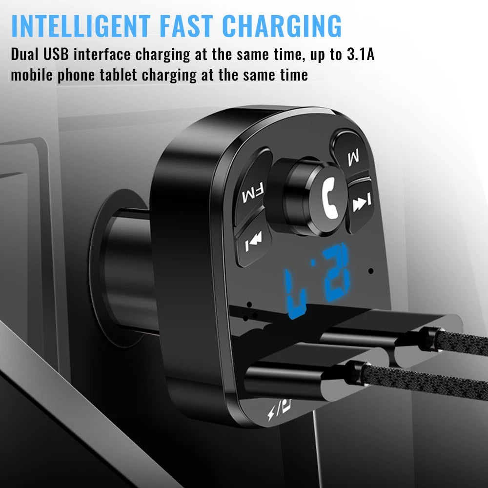 FM Bluetooth Transmitter for Car, Wireless Bluetooth Rudio Aux Adapter Dual USB Ports Quick Charger for All Smartphones
